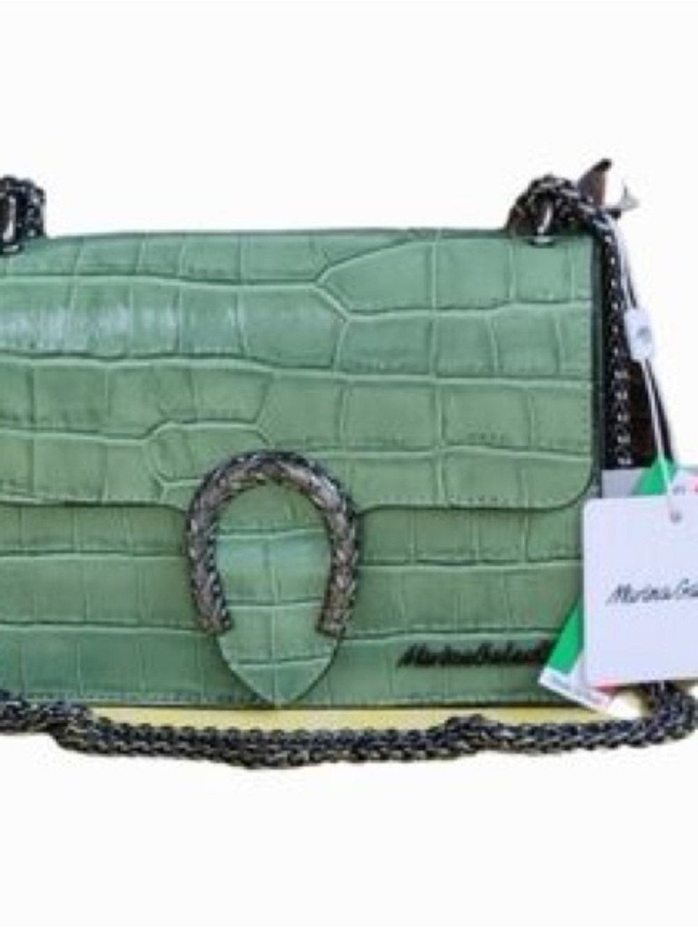 Green Croc-Embossed Crossbody Bag with Chain Strap